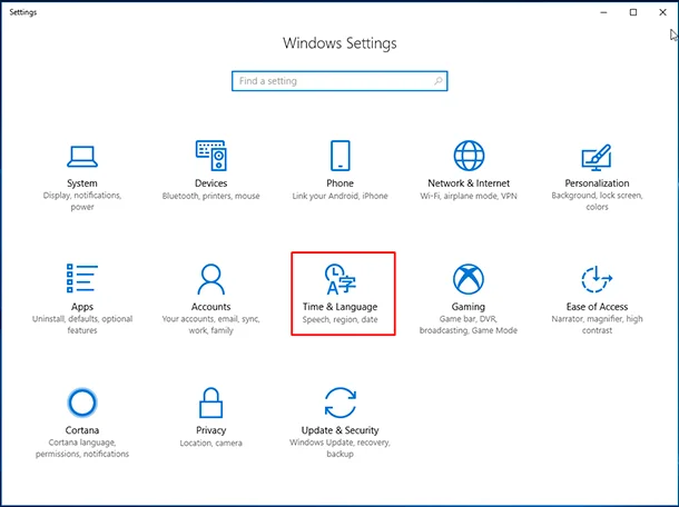 Націсніце Windows + I, каб адкрыць акно «Settings (Параметры)», а затым націсніце «Time & Language (Час і мова)»